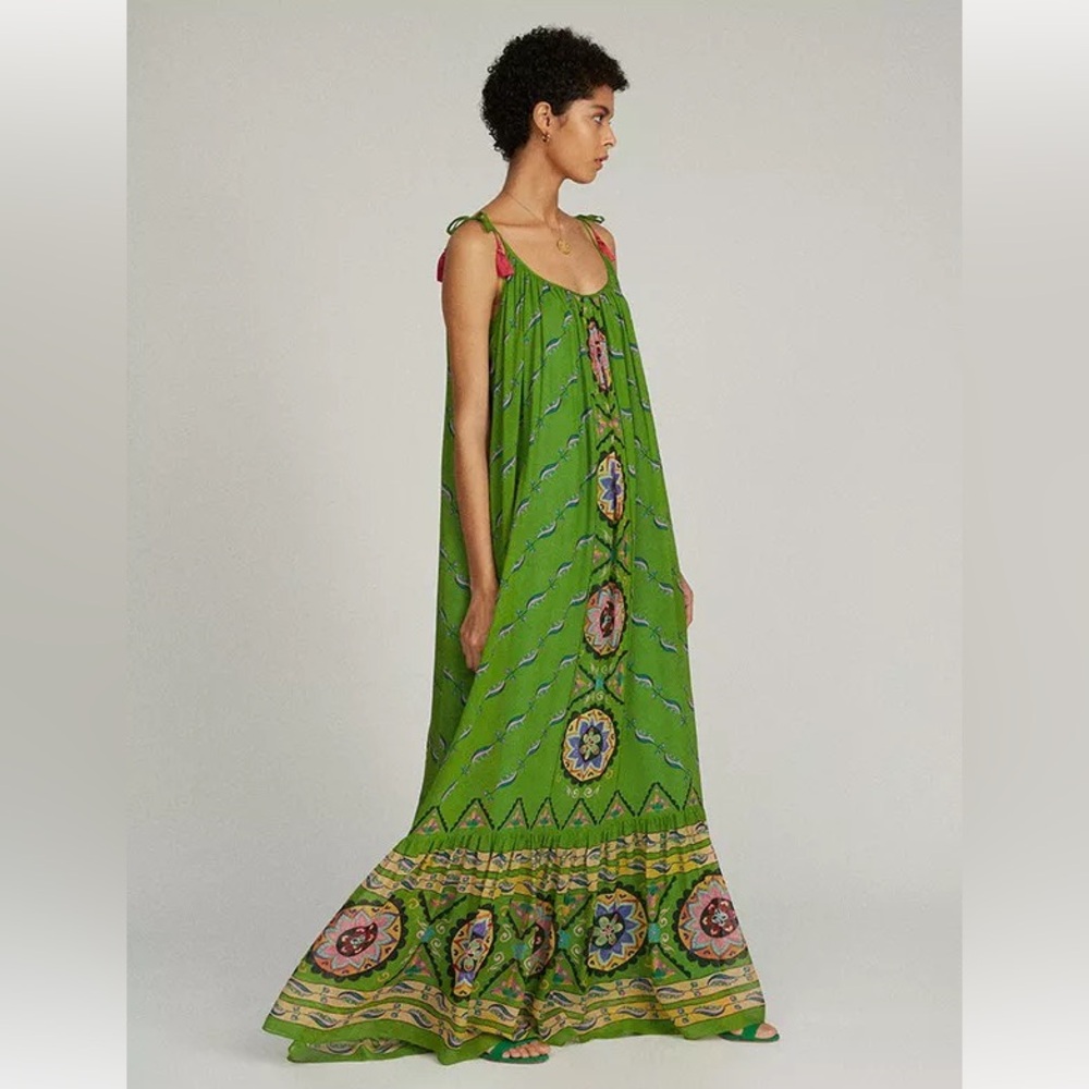 Saloni Edie Emerald Green Halo Print Tassel Tie Shoulder Silk Maxi Dress 0 NWT - Picture 2 of 13